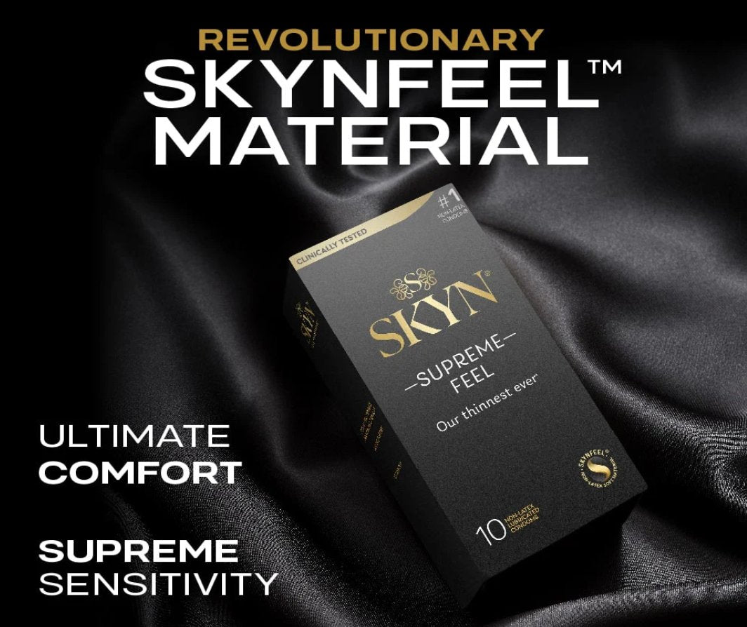 A box of the SKYN Non-Latex Supreme Feel Condoms laying on a satin sheet. Text reads: "Revolutionary SkynFeel material. Ultimate comfort. Supreme sensitivity." | Kinkly Shop