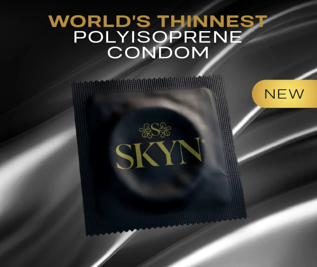 One individually-wrapped condom is shown in front of a satin gray material. Text on the image reads: "World's thinnest polyisoprene condom". | Kinkly Shop