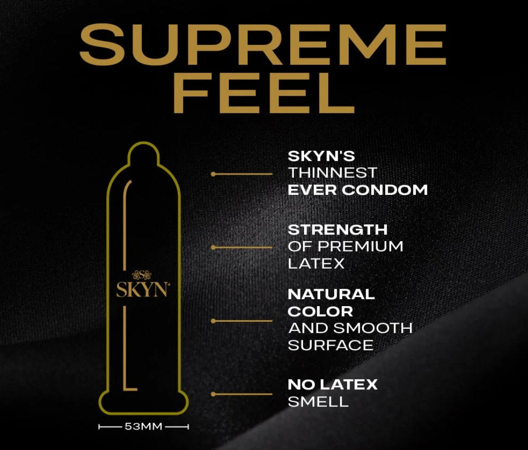 Feature image for the SKYN Non-Latex Supreme Feel Condoms. Text reads: "Skyn's thinnest ever condom. Strength of premium latex. Natural color and smooth surface. No latex smell. 53mm." | Kinkly Shop