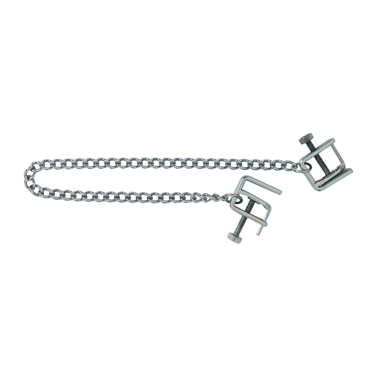 Spartacus Press Nipple Clamps up against a plain white background. They look like mini industrial presses with a chain connecting the two clamps together. | Kinkly Shop