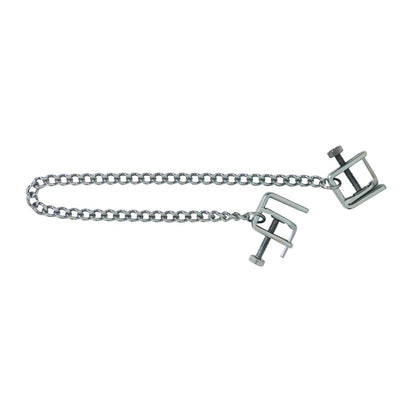 Spartacus Press Nipple Clamps up against a plain white background. They look like mini industrial presses with a chain connecting the two clamps together. | Kinkly Shop