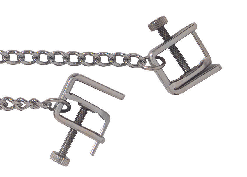 Close-up of the clamps on the Spartacus Press Nipple Clamps. They look like industrial clamp presses with twistable screws that cause the clamps to tighten up. | Kinkly Shop