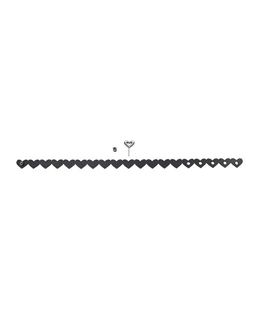 The Sportsheets Heart Day Collar laid flat on a white background. Five of the hearts have cut-outs in them where the lock can be fastened to show its adjustability. | Kinkly Shop