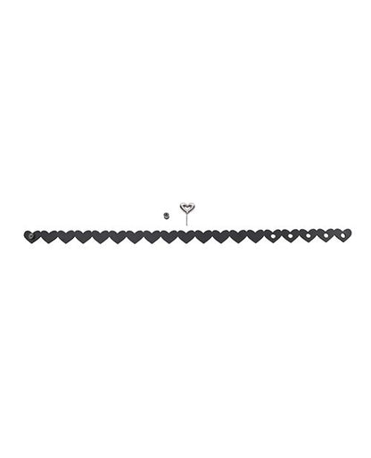 The Sportsheets Heart Day Collar laid flat on a white background. Five of the hearts have cut-outs in them where the lock can be fastened to show its adjustability. | Kinkly Shop