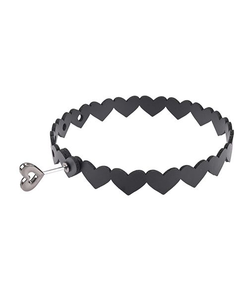 The Sportsheets Heart Day Collar in front of a white background shown with the heart-shaped hex key inserted into the collar. The locking mechanism it controls are extremely discreet as just a small circle in the middle of one of the black heart cut-outs. | Kinkly Shop