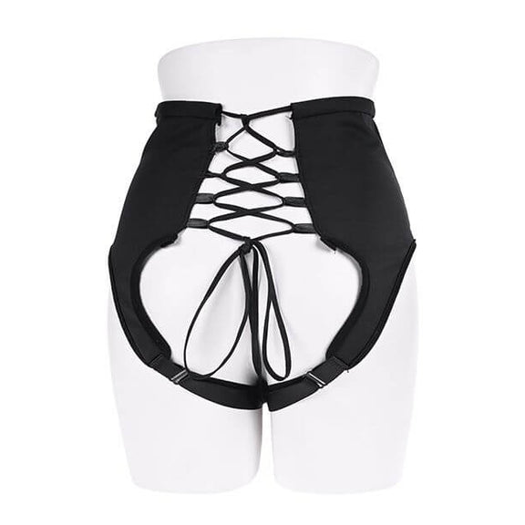 Backside of the harness. The entire waist panel is fastened on the back by a corset ribbon to allow for full customization. The butt of the harness is bare and will show while the Sportsheets High Waisted Strap-On Corset Harness is worn. | Kinkly Shop
