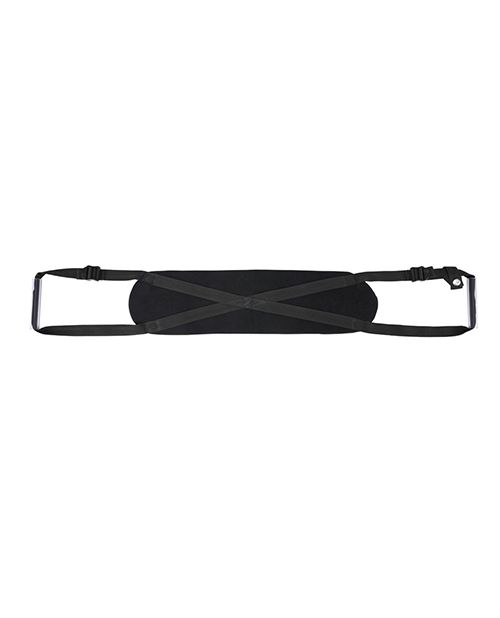 Black Sportsheets Pivot Deluxe Doggie Strap shown flat with padded hip panel and adjustable straps.