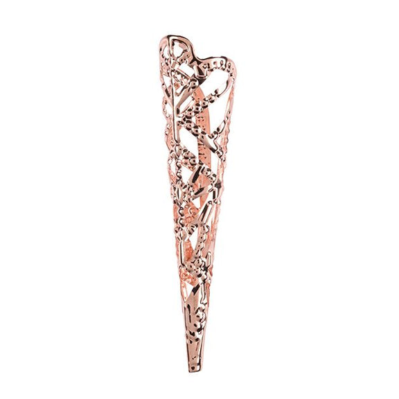 One of the Sportsheets Sensory Fingertips. It looks like a gold metal that's thin and could be easily bent to fit your own finger size. The exterior of the Sportsheets Sensory Fingertips has a texture to it, and it looks gilded and gorgeous in this close-up. The Sportsheets Sensory Fingertips comes to a point at the end of the fingertip. | Kinkly Shop