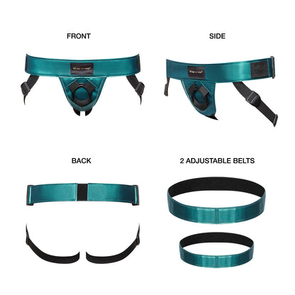 Collage of four images showcasing various angles of what the Strap On Me Leatherette Curious Harness will look like when it's worn. It also shows the two adjustable belts that can double as bondage straps when you aren't using them. | Kinkly Shop