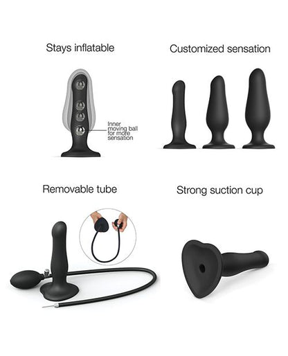 Multiple images of the Strap-on-Me Inflatable Dildo Plug shown next to one another to explain the different features of the Strap-on-Me Inflatable Dildo Plug. Text on this image reads: "Stays inflatable with inner moving ball for more sensation. Customized sensation. Removable tube. Strong suction cup." | Kinkly Shop