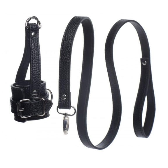 Both the Strict Ball Stretcher with Leash sit next to one another, unattached. This showcases how both straps of the Ball Stretcher come together for a single "D-ring" that the leash can be clipped onto. Since the two items come apart, this same design allows the Ball Stretcher to hang weights from it as well. | Kinkly Shop