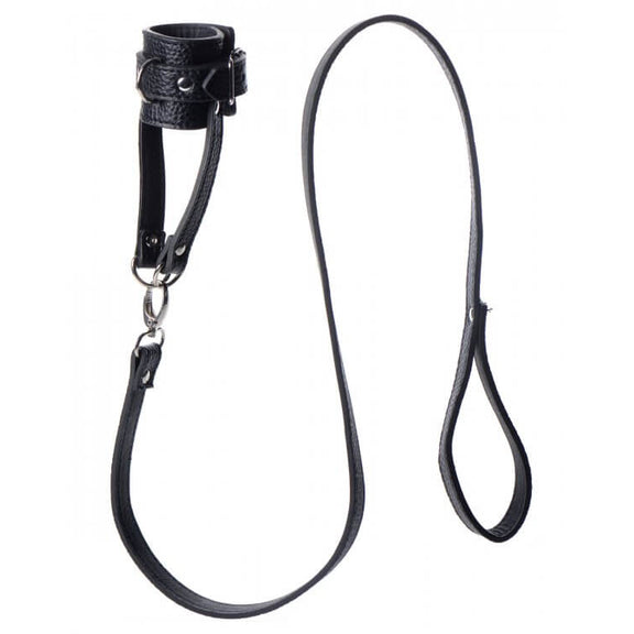 The Strict Ball Stretcher with Leash up against a white background. The Ball Stretcher is shown connected to the leash to showcase how both of the pieces fit together. | Kinkly Shop