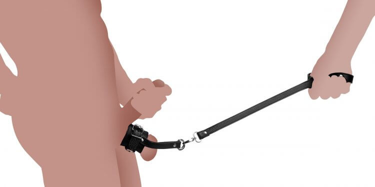 Illustration shows a person with a penis masturbating. The Strict Ball Stretcher with Leash is attached to their testicles, pulling them away from the body. A person's hand is shown on the other side of the illustration, holding the leash and giving a gentle tug to it. | Kinkly Shop