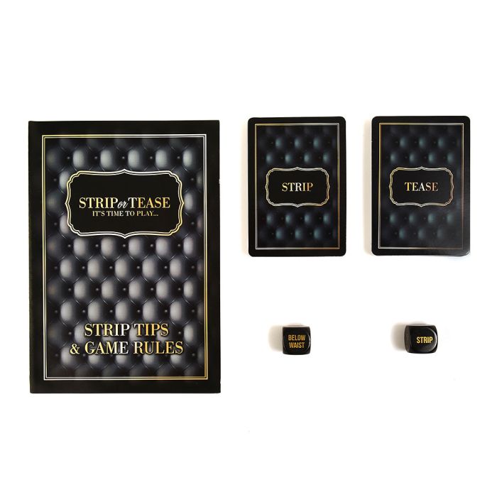 The Strip or Tease Game shown next to the strip club rules, cards, and the die. | Kinkly Shop