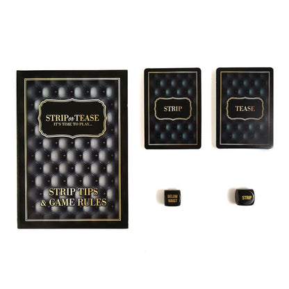 The Strip or Tease Game shown next to the strip club rules, cards, and the die. | Kinkly Shop