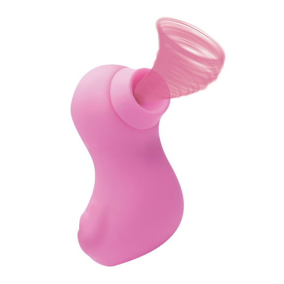 The Inmi Shegasm Sucky Ducky with a small tornado coming out of its mouth, showcasing the air suction design of the toy. | Kinkly Shop
