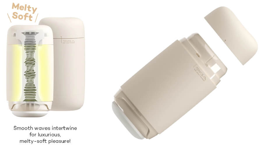 The Tenga Puffy in Latte Brown shown next to a cross-section of its internal channel texture | Kinkly Shop