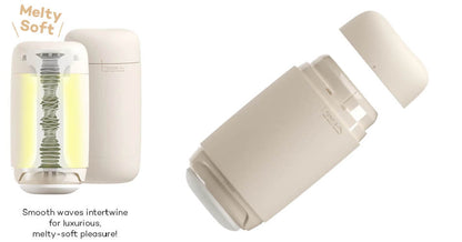 The Tenga Puffy in Latte Brown shown next to a cross-section of its internal channel texture | Kinkly Shop