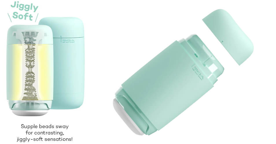 Tenga Puffy in Mint Green shown next to a cross-section of its internal texture | Kinkly Shop