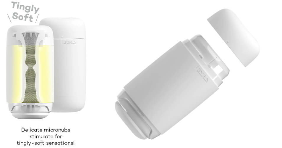 The Tenga Puffy in White shown next to a cross-section of its texture | Kinkly Shop