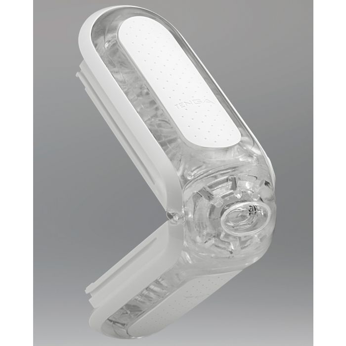 The Tenga Flip Zero opened up, showcasing how the stroker hinges at the end with the entrance for minimal interruption of entrance texture. | Kinkly Shop