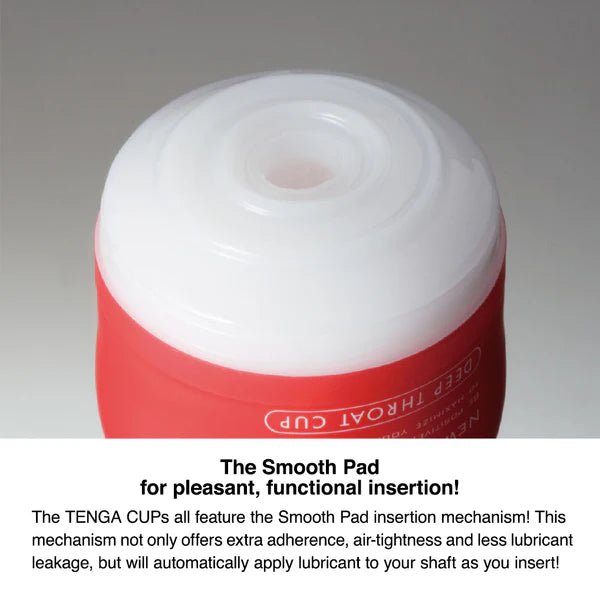 The opening of the Tenga Original Vacuum Cup. Text reads: Smooth Pad for pleasant, functional insertion. This mechanism not only offers extra adherence, air-tightness and less lube leakage, but will automatically apply lube to your shaft as you insert. | Kinkly Shop