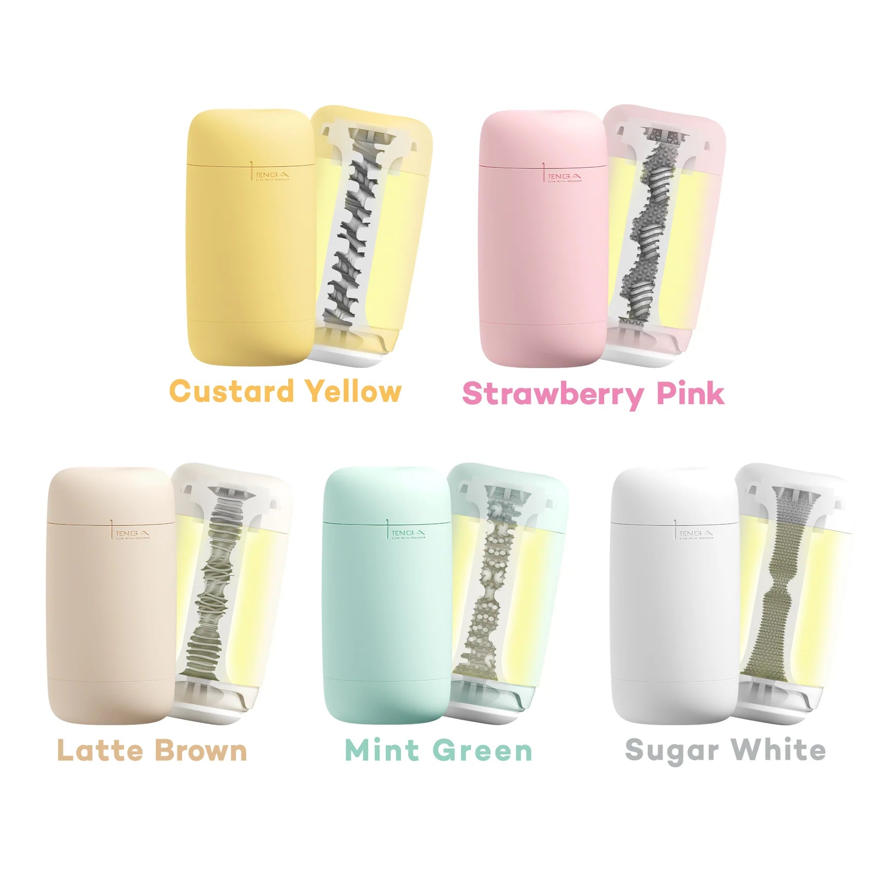 All five Tenga Puffy shown with their external packaging, internal sleeves, and names next to one another to make it easier to choose your favorite. | Kinkly Shop