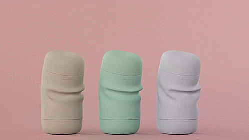 3 Tenga Puffys lined up in a row, spinning in circles while being compressed to showcase their flexible, bendable design | Kinkly Shop