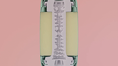 A cross-section of a Tenga Puffy shows the soft, pillowy outer layer of the Tenga Puffy that changes how the internal tunnel feels with a squeeze. | Kinkly Shop