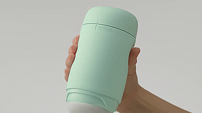 The Tenga Puffy slides up and down a clear glass probe, showcasing how the stroker works. | Kinkly Shop