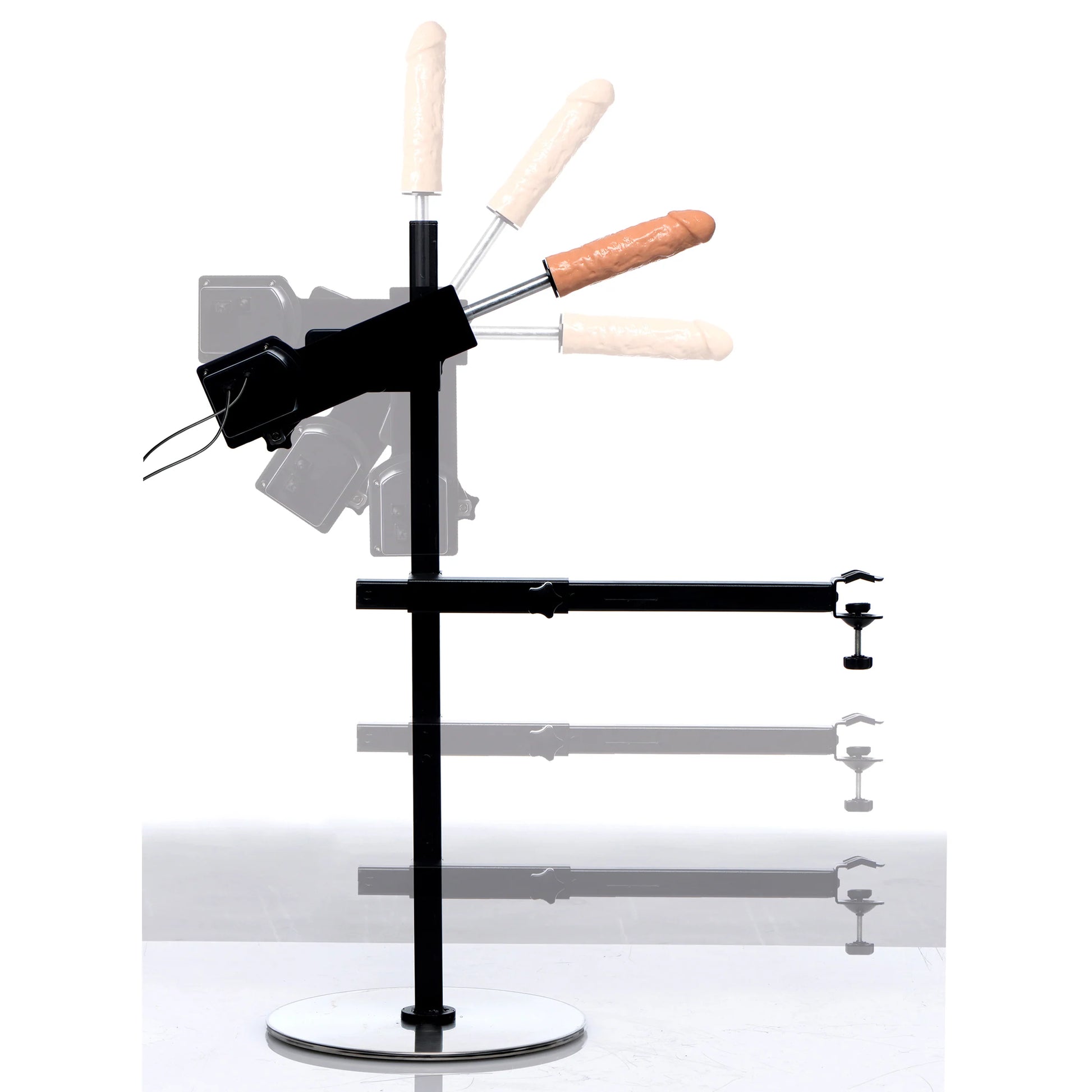 Multiple "ghost" images superimposed over the original image showcasing how adjustable the sex machine is. It can be raised or lowered in height, the angle can change, and the thrusting depth can change. | Kinkly Shop