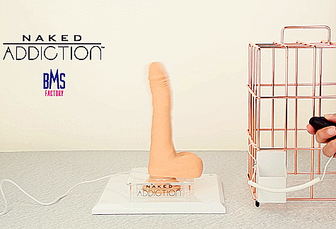 GIF shows the rotation, vibration, and twirl all activated at once making for a really wild movement as the The Freak 7.5": Rotating, Thrusting, and Vibrating is suction cupped to the base underneath it. 