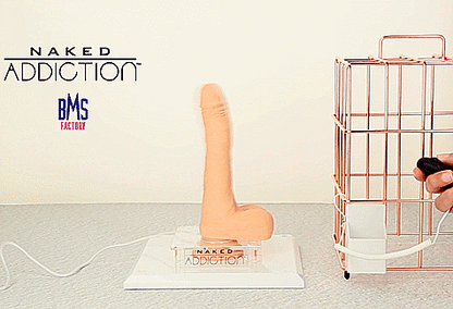 GIF shows the rotation, vibration, and twirl all activated at once making for a really wild movement as the The Freak 7.5": Rotating, Thrusting, and Vibrating is suction cupped to the base underneath it. 