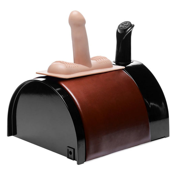 The Saddle Sex Machine with the single included realistic penis attachment shown attached to the sex machine | Kinkly Shop