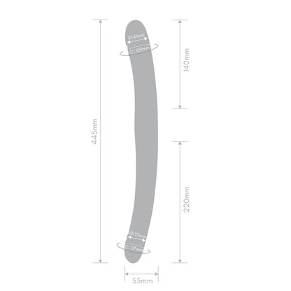 Outline of the Together Toy Duo Together with all of the measurements of the dildo superimposed on top of the dildo outline. All measurements can be found via text within the product description. | Kinkly Shop