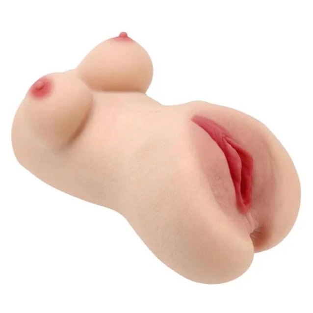 The Torso Masturbator up against a plain white background. The vulva is the main center point of the stroker with small breasts on the opposing end of the stroker. | Kinkly Shop