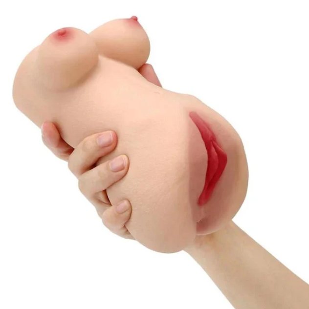 A hand holds the Torso Masturbator stroker. The stroker can be held in one hand, but it's big for the one hand. | Kinkly Shop
