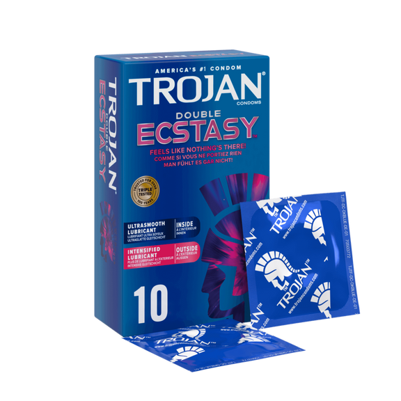 10 pack of the Trojan Double Ecstasy shown with a few of the individually-wrapped condoms rest in front of it | Kinkly Shop