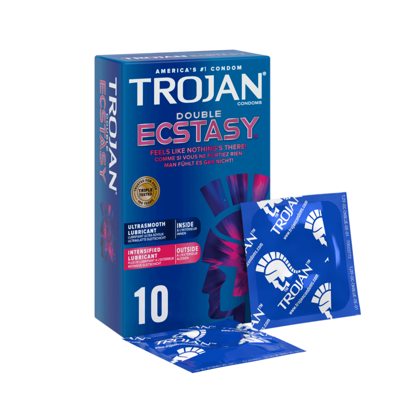 10 pack of the Trojan Double Ecstasy shown with a few of the individually-wrapped condoms rest in front of it | Kinkly Shop