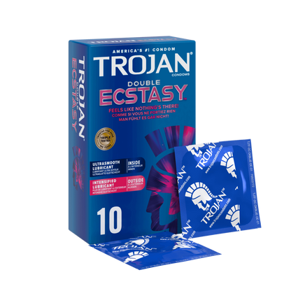 10 pack of the Trojan Double Ecstasy shown with a few of the individually-wrapped condoms rest in front of it | Kinkly Shop