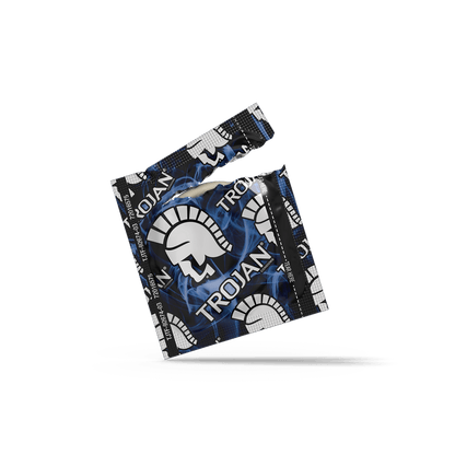 An individually wrapped Trojan Bareskin condom | Kinkly