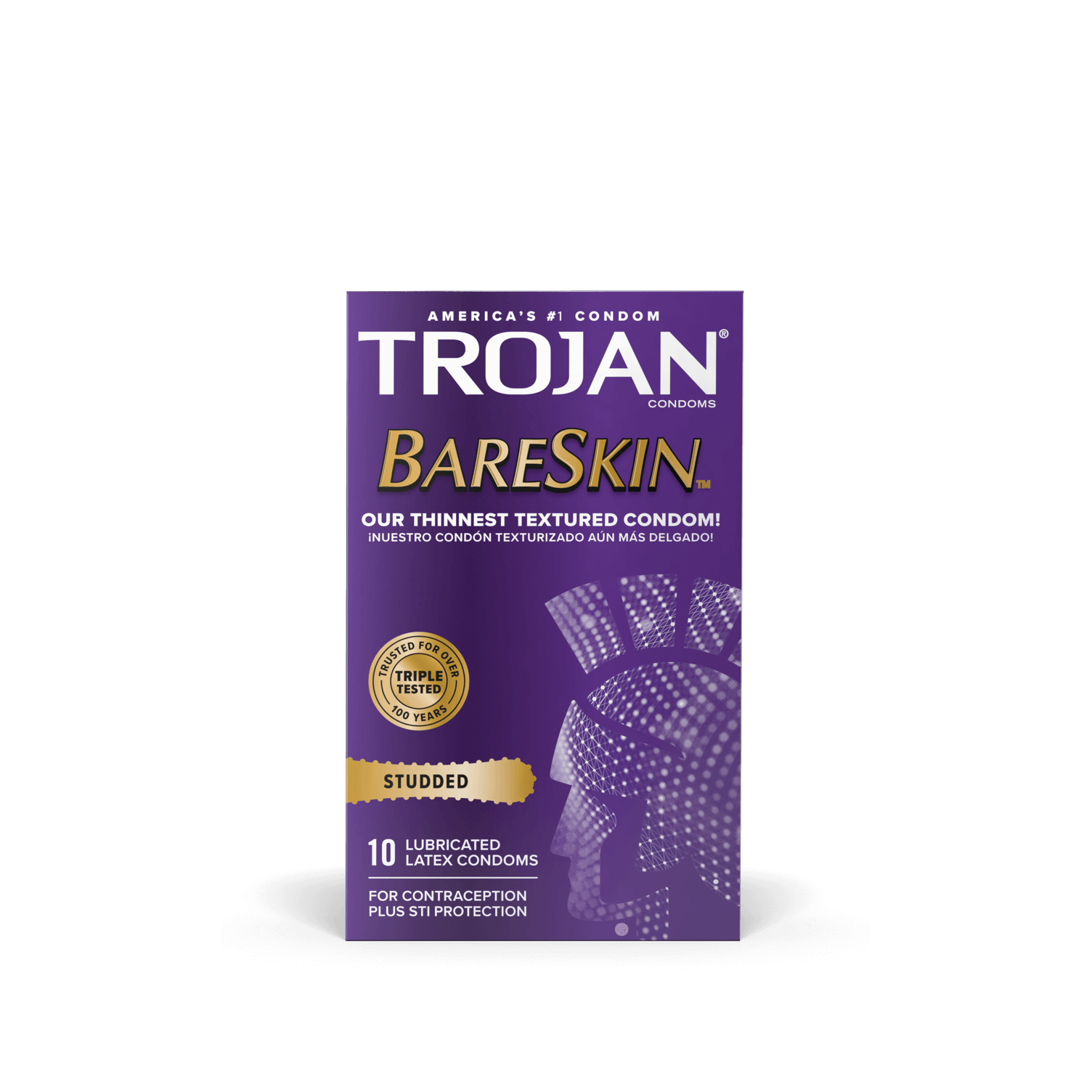 Packaging for the Trojan Studded Bareskin 10 pack | Kinkly