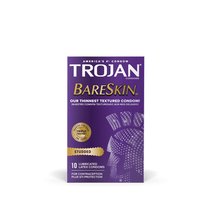 Packaging for the Trojan Studded Bareskin 10 pack | Kinkly