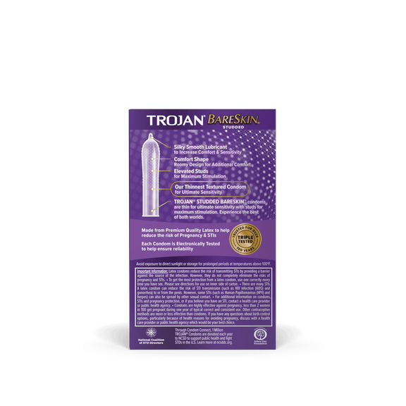 Backside of the packaging for the 10 pack of the Trojan Studded Bareskin | Kinkly