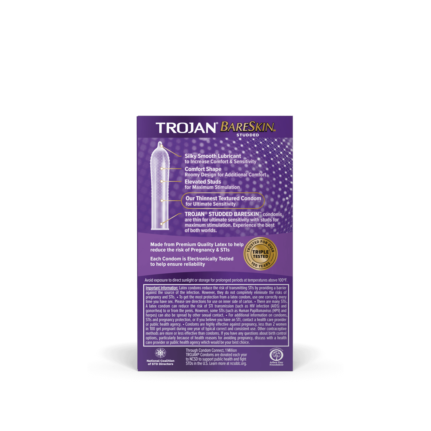 Backside of the packaging for the 10 pack of the Trojan Studded Bareskin | Kinkly