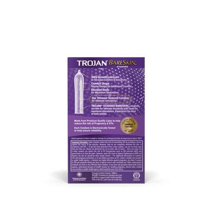 Backside of the packaging for the 10 pack of the Trojan Studded Bareskin | Kinkly