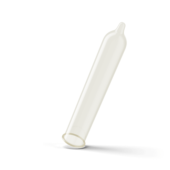 The Trojan BareSkin Supra - Non-Latex condom shown unrolled, rolled onto nothing, to showcase the straight shape and reservoir tip of the condom. | Kinkly Shop