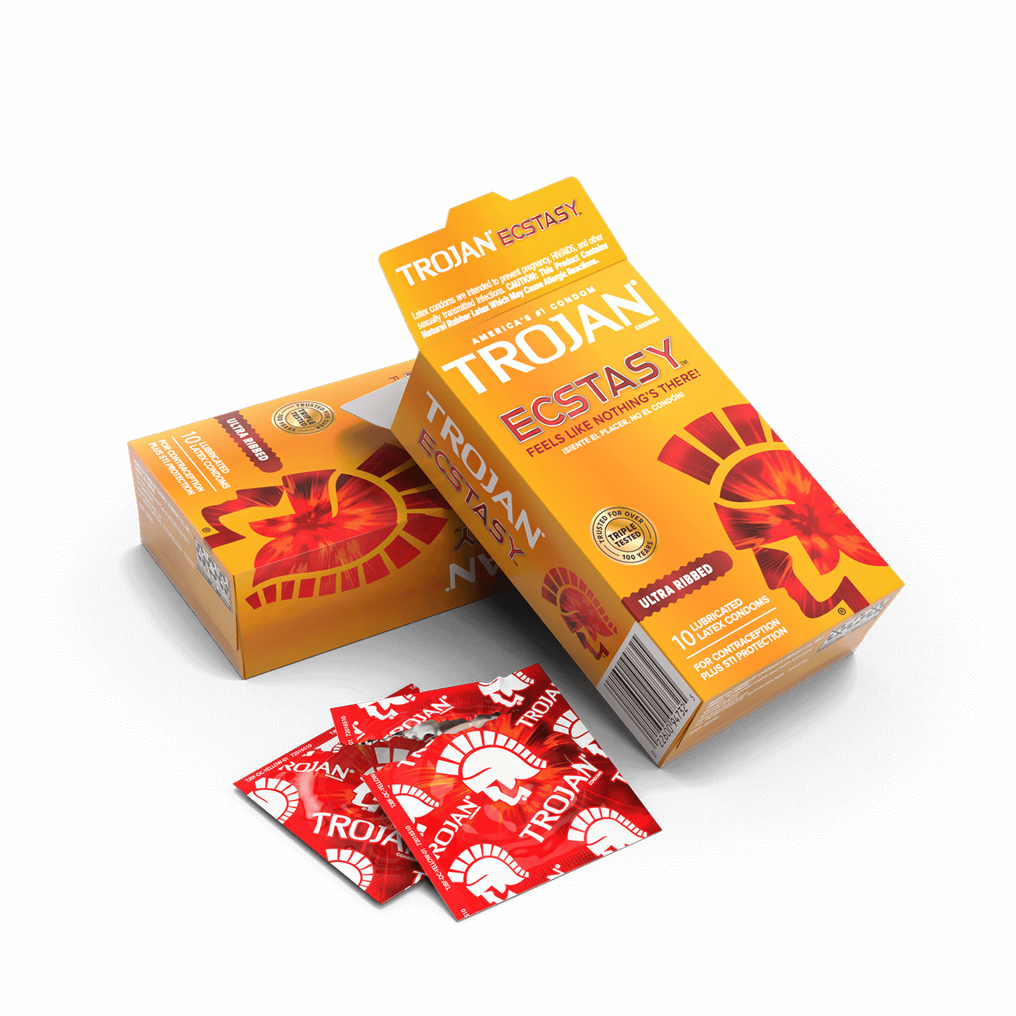 A box of the Trojan Ecstasy Ultra Ribbed condoms opened, red individually-wrapped condom packets scattered around the open box. | Kinkly Shop
