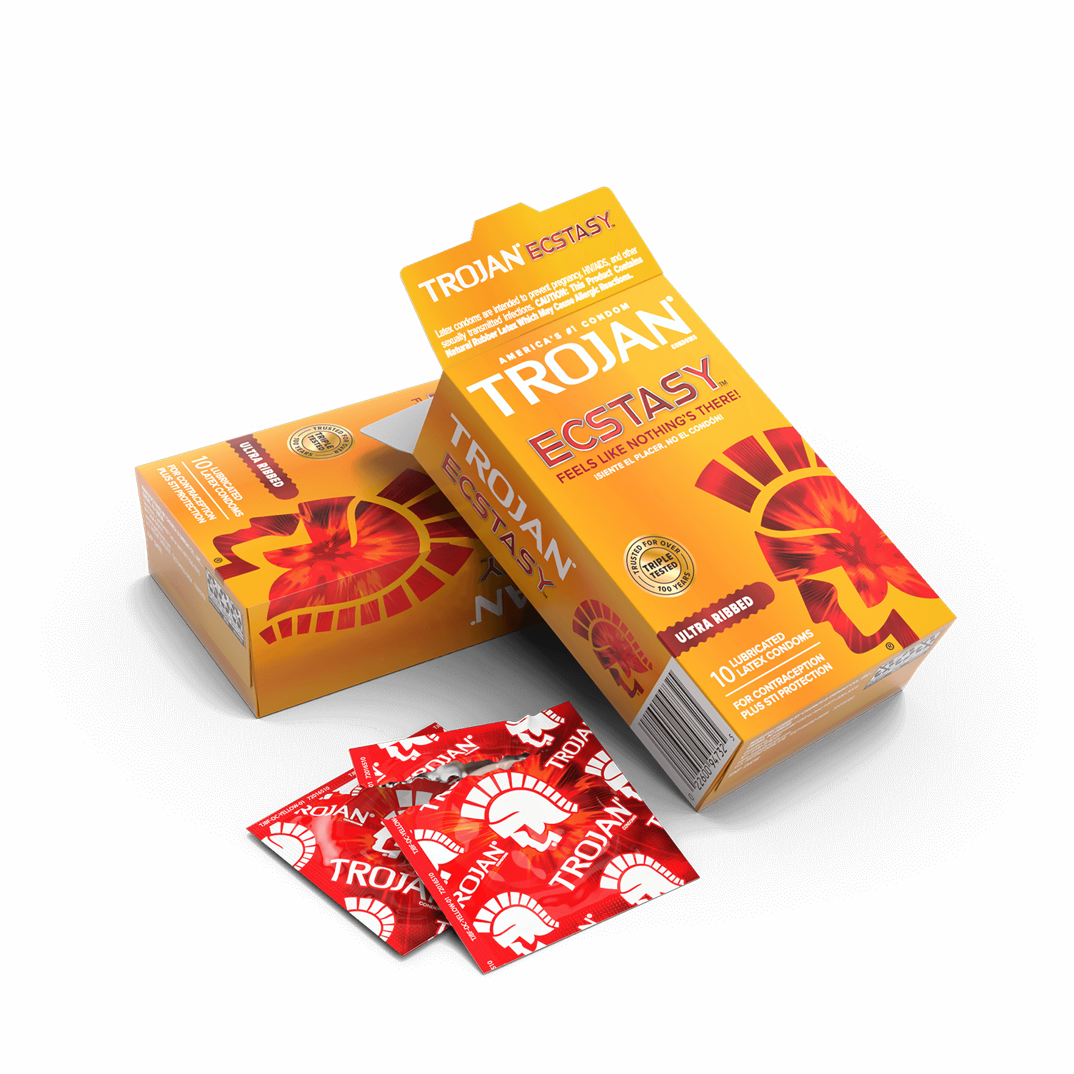 A box of the Trojan Ecstasy Ultra Ribbed condoms opened, red individually-wrapped condom packets scattered around the open box. | Kinkly Shop