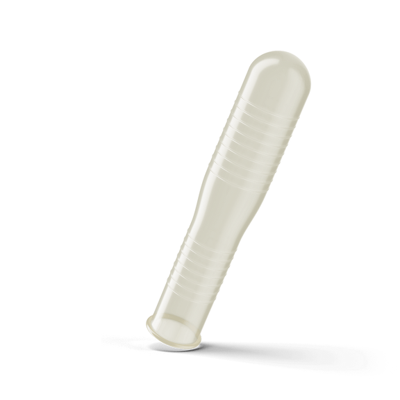 The Trojan Ecstasy Ultra Ribbed condom unrolled onto nothing, showcasing the bulbous shape with ribs along the full length of the condom. | Kinkly Shop